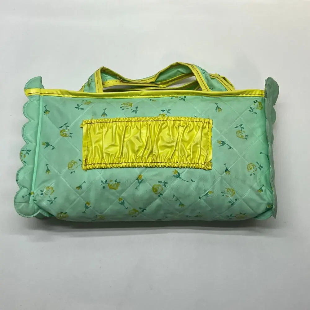 Vintage Lamb Cottage Print Quilted Vinyl Travel Bag Mint Green Yellow Retro Case